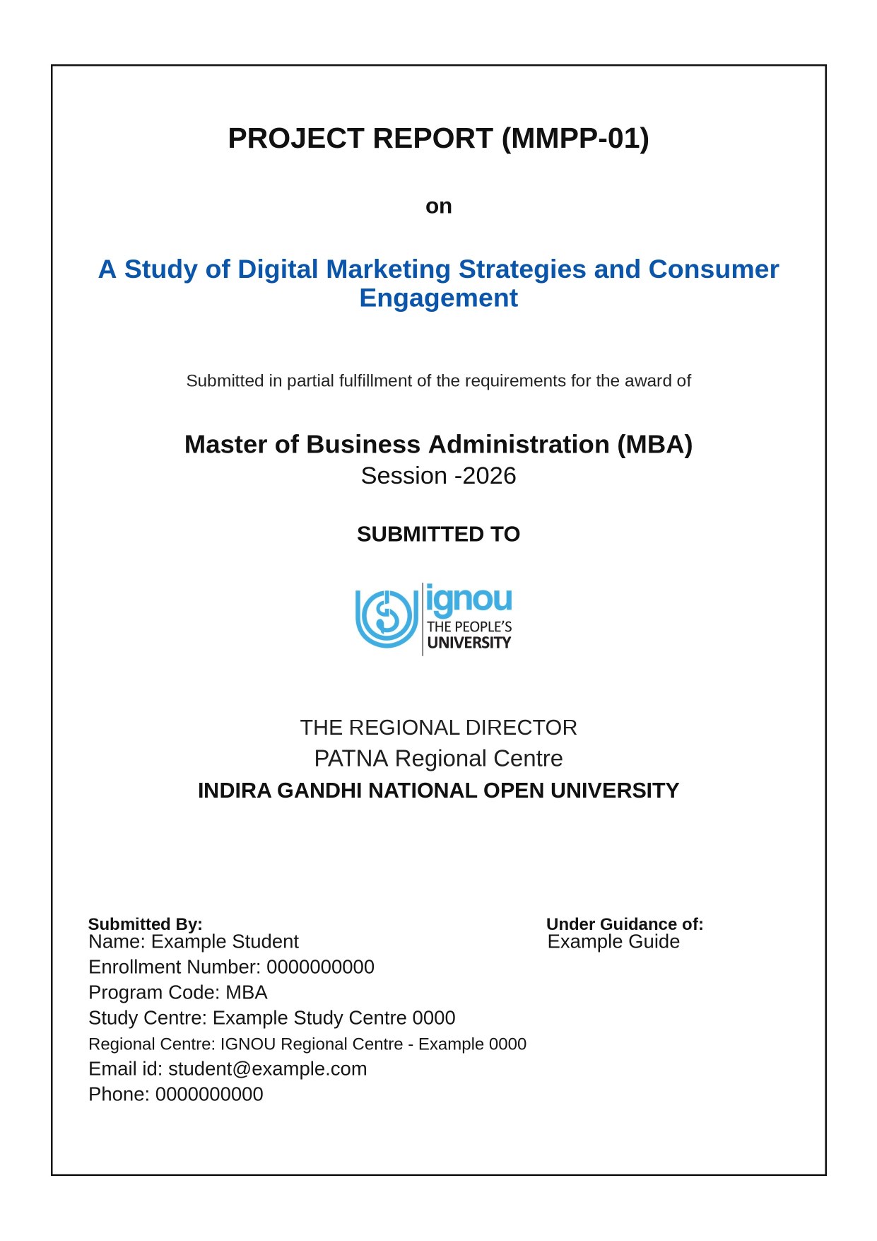IGNOU Project Front Page PDF sample