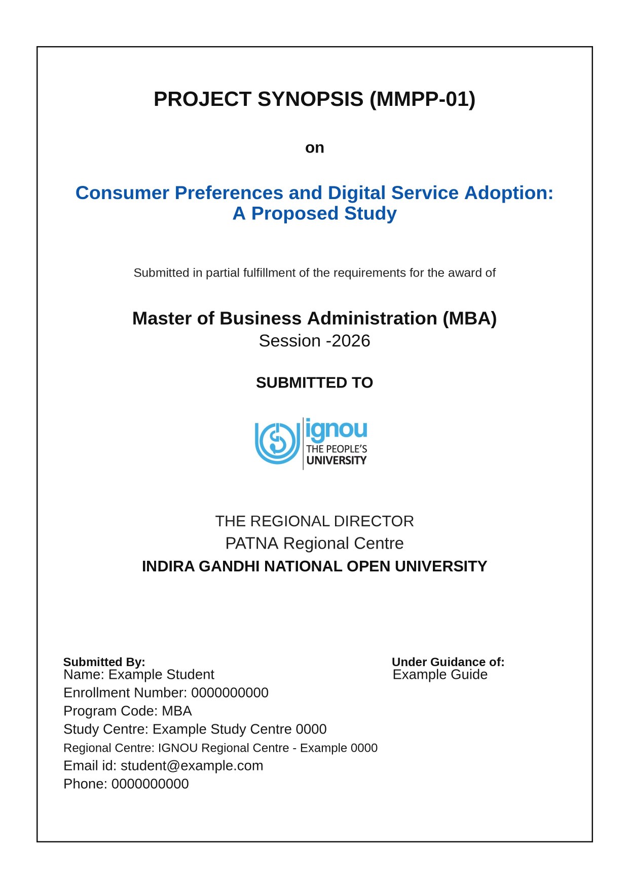 IGNOU Synopsis Front Page PDF sample