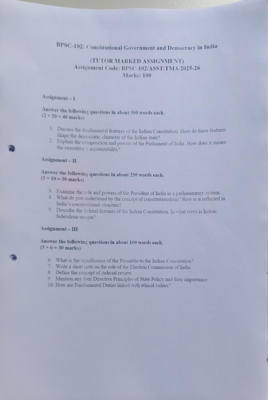 BPSC-102 IGNOU assignment question paper sample for 2025-26