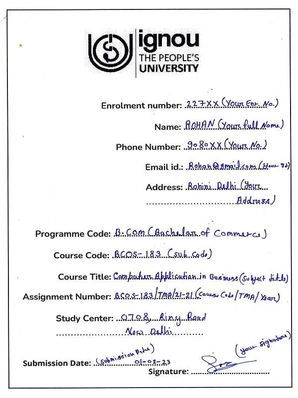 how to fill ignou assignment front page