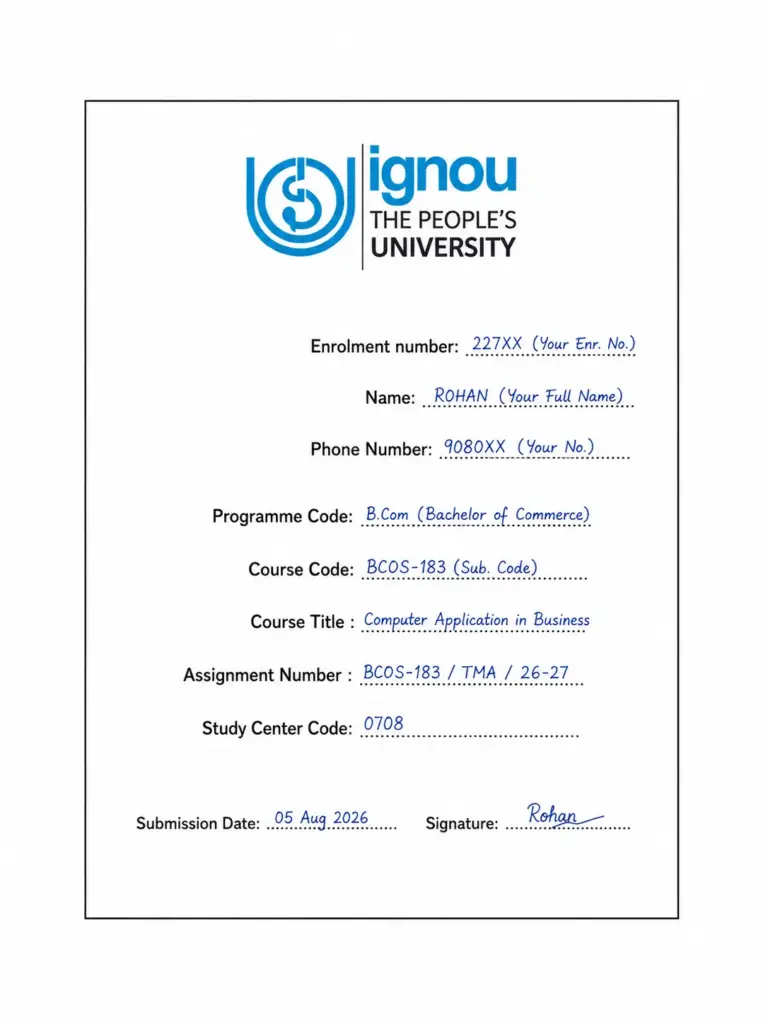 Filled IGNOU Assignment Front Page sample showing how to fill the form