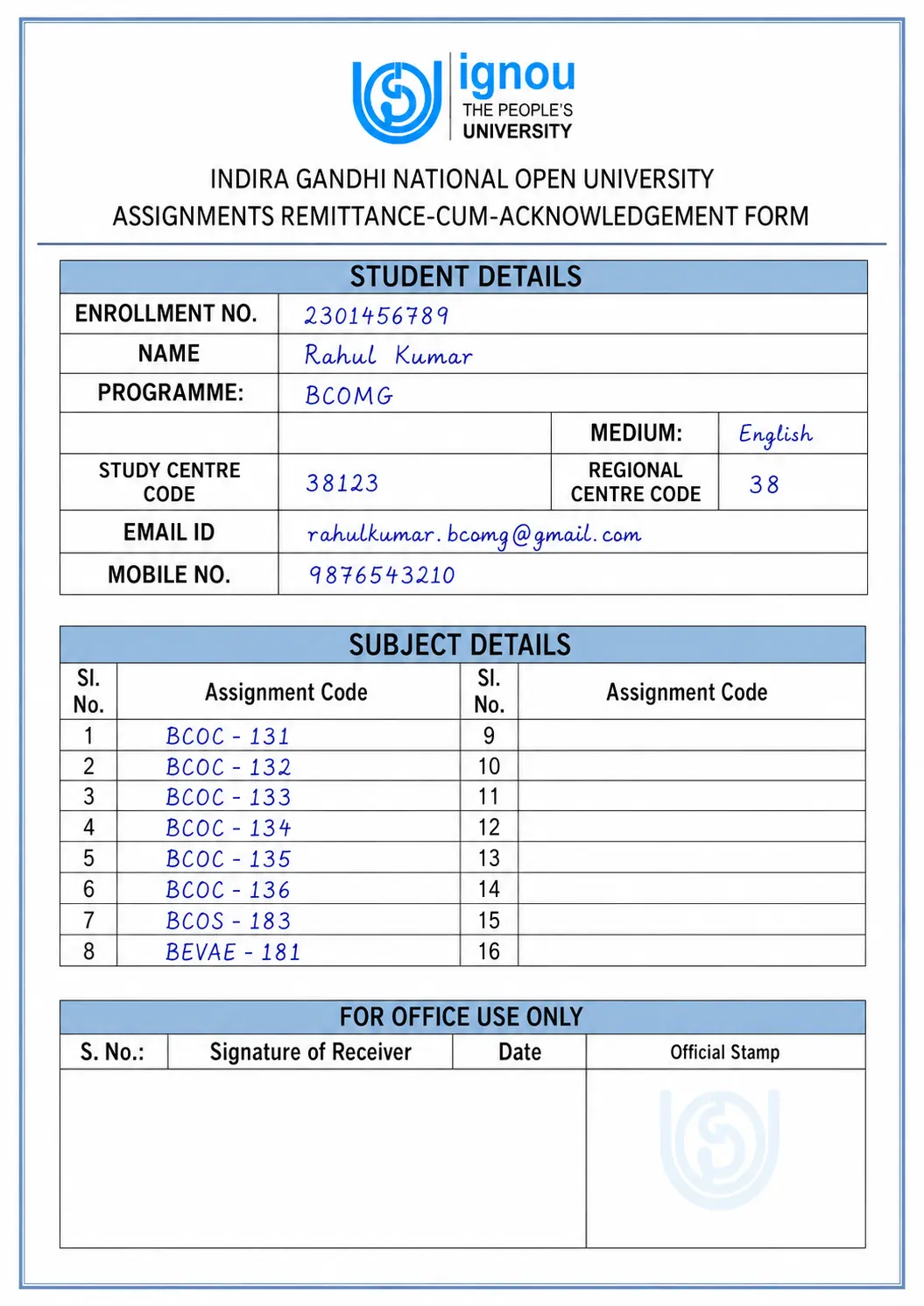 IGNOU Assignment Submission Slip 2026 – PDF Download and Filling Guide 2 filled ignou assignment submission slip sample Filled IGNOU Assignment Submission Slip Sample