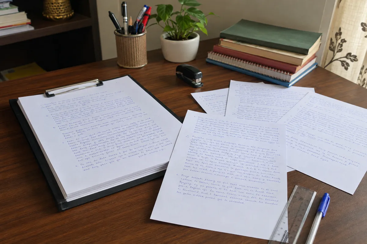 IGNOU assignment pages arranged with file folder and A4 sheets
