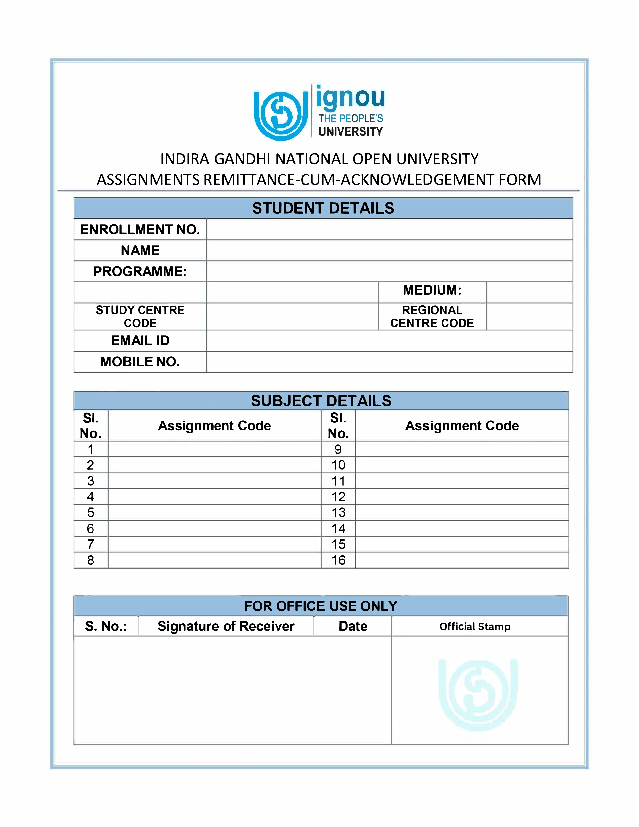 IGNOU Assignment Submission Slip PDF
